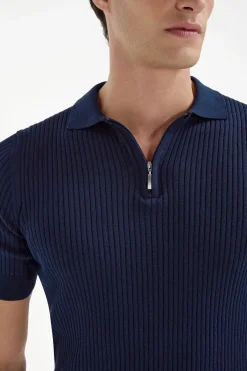 Polo zippé en fines côtes bleu - Made in Italy