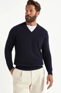 Pull bleu côtelé à col V - Made in Italy