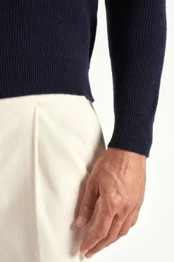 Pull bleu côtelé à col V - Made in Italy