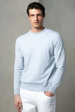 Pull col rond en cachemire bleu clair – Made in Italy