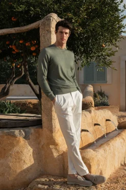 Pull col rond en cachemire ultraléger vert – Made in Italy