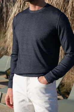 Pull col rond en cachemire ultraléger bleu – Made in Italy