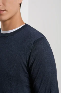 Pull col rond en laine et soie bleu - Made in Italy