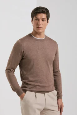 Pull col rond en laine et soie noisette - Made in Italy