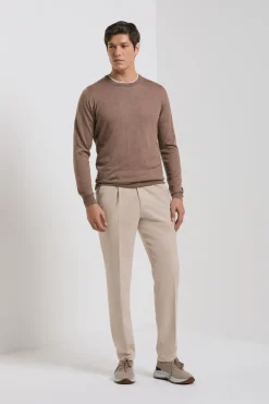 Pull col rond en laine et soie noisette - Made in Italy