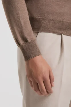 Pull col rond en laine et soie noisette - Made in Italy