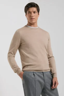 Pull col rond en laine et soie sable - Made in Italy
