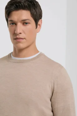 Pull col rond en laine et soie sable - Made in Italy