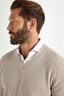 Pull col V côtelé sable - Made in Italy