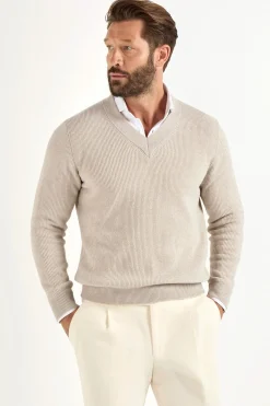 Pull col V côtelé sable - Made in Italy