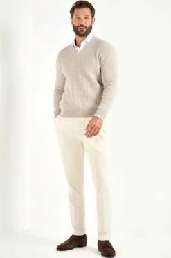 Pull col V côtelé sable - Made in Italy