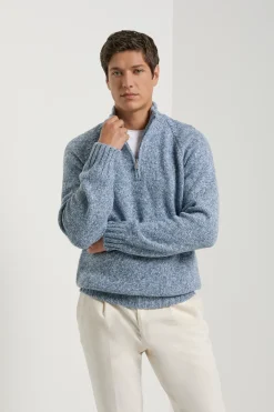 Pull demi-zip mouliné bleu clair - Made in Italy