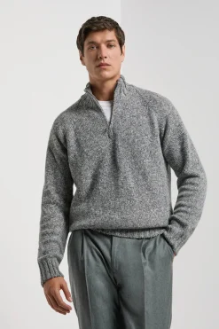 Pull demi-zip mouliné gris clair - Made in Italy