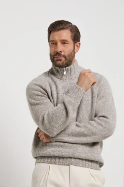 Pull demi-zip mouliné taupe - Made in Italy