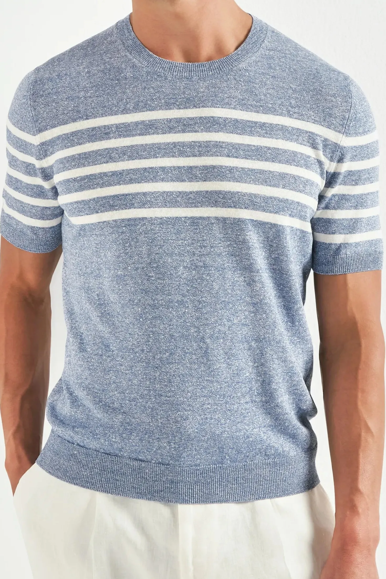 T-shirt Bleu clair à rayures en lin - Made in Italy