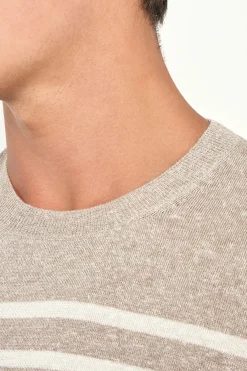 T-shirt taupe à rayures en lin - Made in Italy