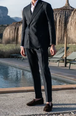 Veste croisée bleu marine en lin - Made in Italy