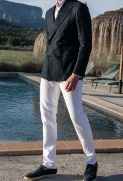 Veste croisée bleu marine en lin - Made in Italy