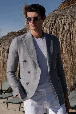 Veste croisée en lin Gris clair à chevrons - Made in Italy