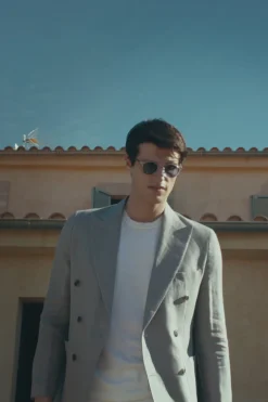 Veste croisée en lin Gris clair à chevrons - Made in Italy