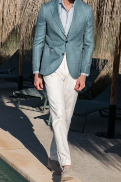Veste vert d’eau à chevrons en laine, soie et lin - Made in Italy