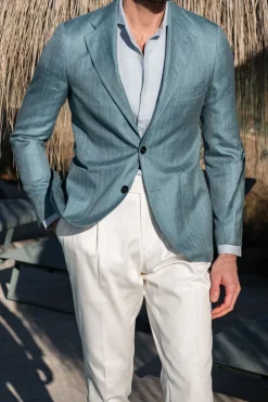Veste vert d’eau à chevrons en laine, soie et lin - Made in Italy