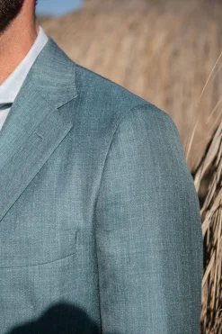 Veste vert d’eau à chevrons en laine, soie et lin - Made in Italy